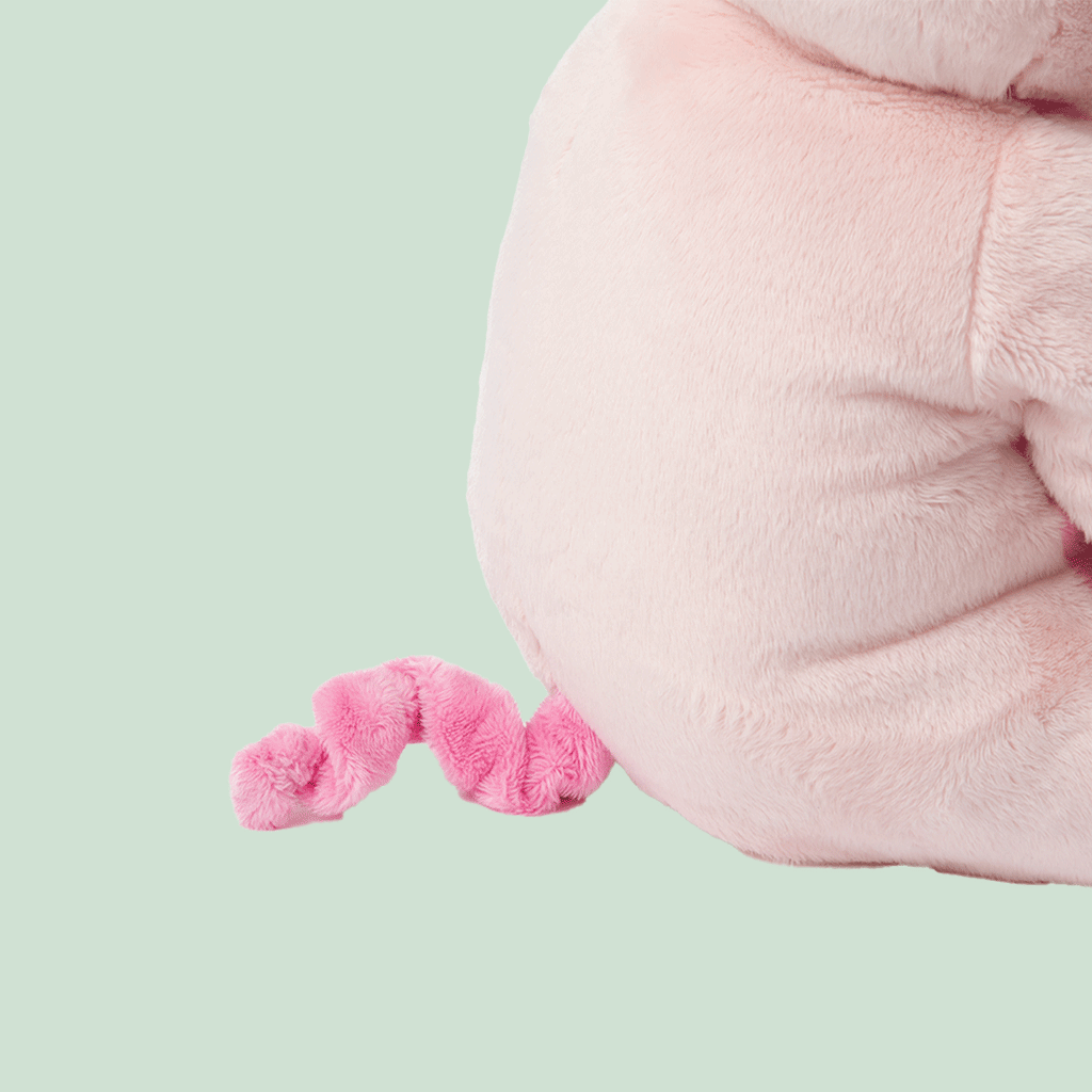 This is a short video showing how Harper the Pig Hugimal's pink curly elastic tail extends and gets long, and then returns to its short and curly state. It's a closeup of the bottom of the stuffed animal, in profile, on a mint green background.