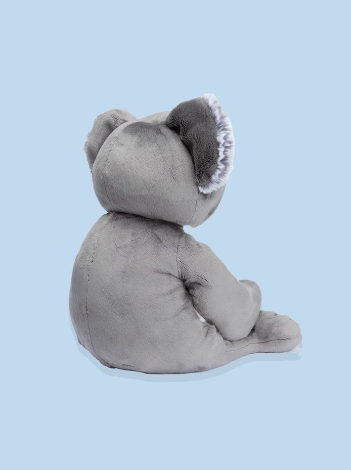 a koala stuffed animal sits turned away from the camera on a blue background