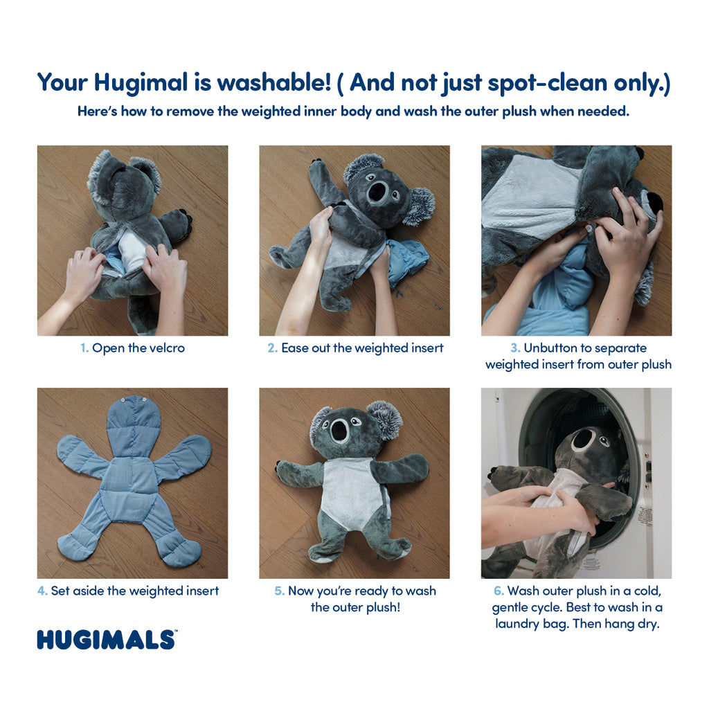 This is an information diagram showing how to remove a Hugimal's weighted insert and wash the outer plush.