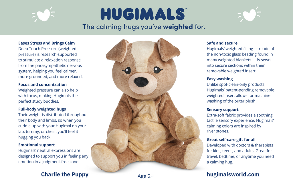 A card sharing some features and benefits of Hugimals. Benefits include easing stress, emotional support, and that it's a great self-care gift for all