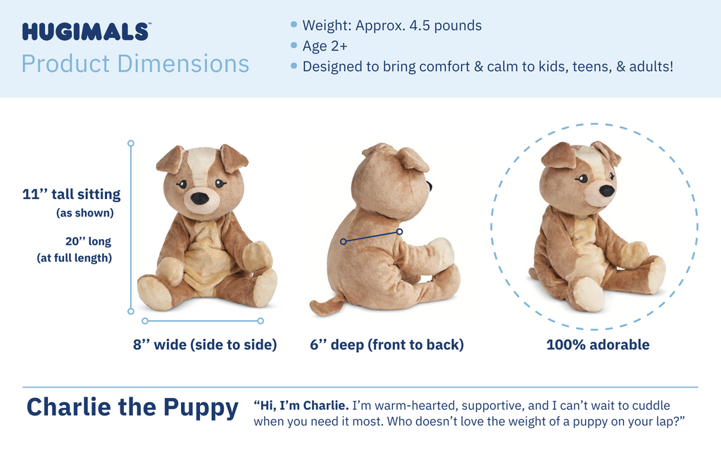 a card showing dimensions of Charlie the Puppy Hugimal: 11" tall sitting, 6" deep, 8" wide, 100% adorable
