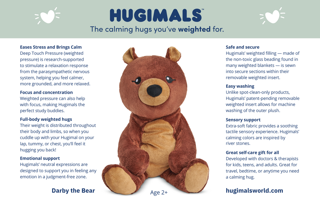 A card sharing some features and benefits of Hugimals. Benefits include easing stress, emotional support, and that it's a great self-care gift for all