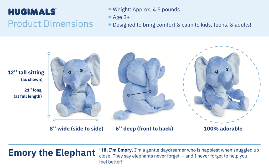 a card showing dimensions of Emory the Elephant Hugimal: 12" tall sitting, 6" deep, 8" wide, 100% adorable