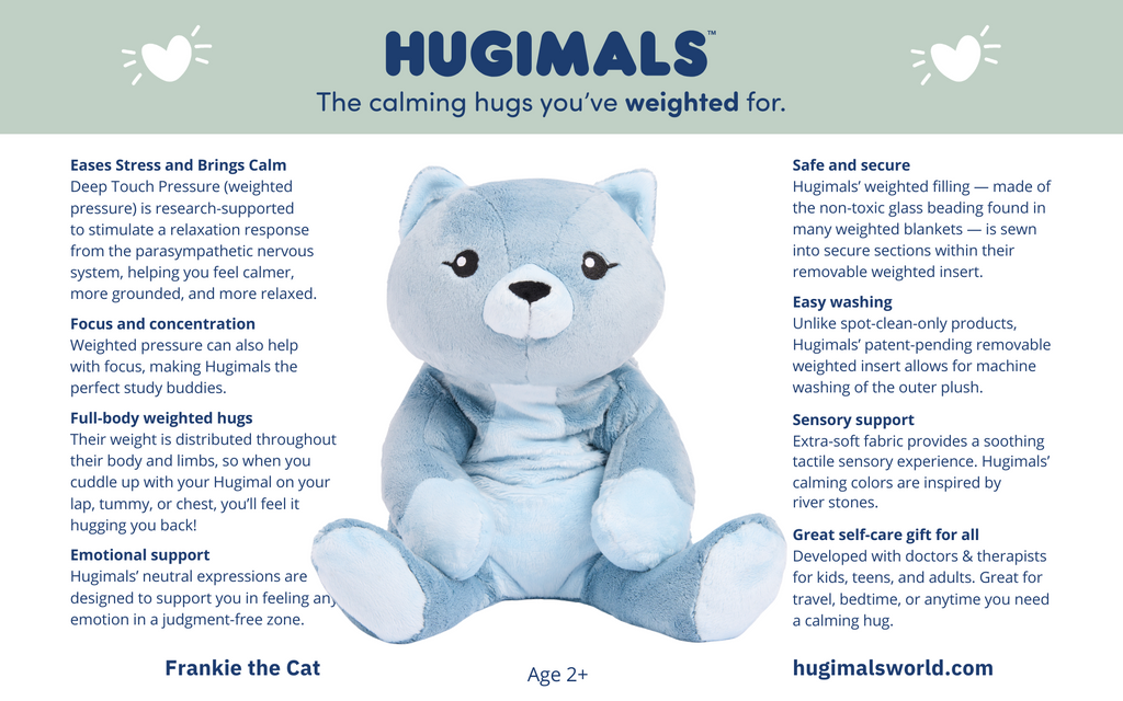 A card sharing some features and benefits of Hugimals. Benefits include easing stress, emotional support, and that it's a great self-care gift for all