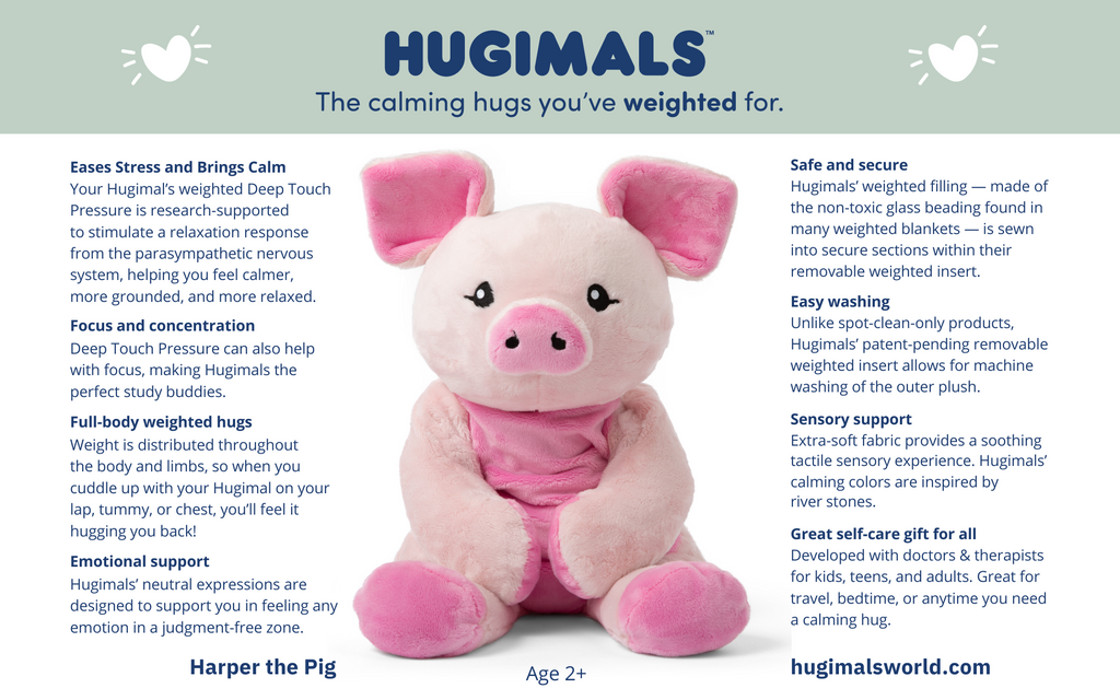 This is a designed card listing Hugimals' features and benefits, with Harper the Pig in the middle