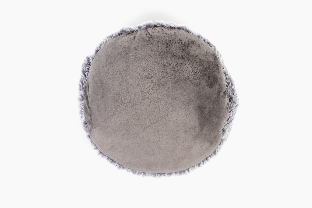 Image of back side of round gray Hug Pillow. The back has darker short plush