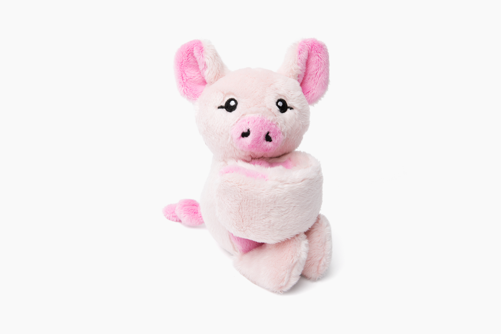This photo shows a Pig Hug Baby, sitting, on a white background.