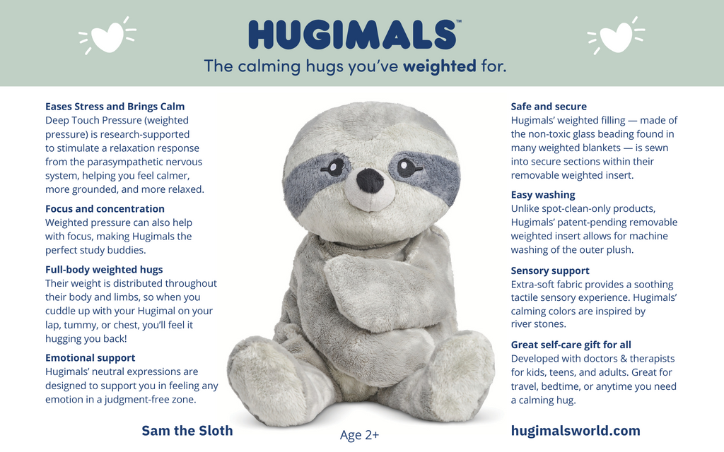 A card sharing some features and benefits of Hugimals. Benefits include easing stress, emotional support, and that it's a great self-care gift for all