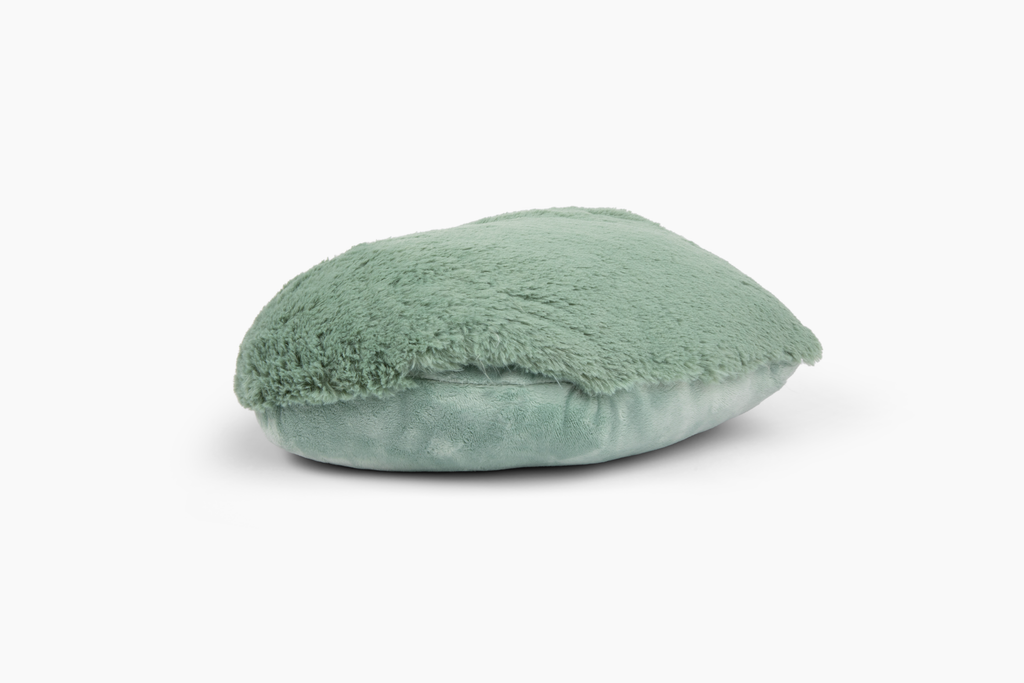 Image shows side view of Sage Super Sized Heart to Hug Pillow on white, with the opening to it pocket visible